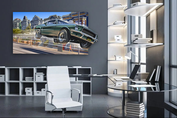 Tableau MUSTANG Bullitt San Francisco Jump exposé dans bureau design - Peintre Guillaume Lopez