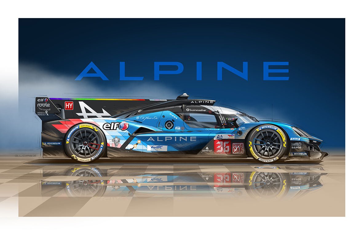 Dessin ALPINE A424 Le Mans Hypercar Fond Bleu Ecriture - Guillaume Lopez - Illustrateur automobile et sports mécaniques