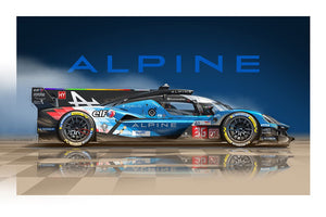 Dessin ALPINE A424 Le Mans Hypercar Fond Bleu Ecriture - Guillaume Lopez - Illustrateur automobile et sports mécaniques