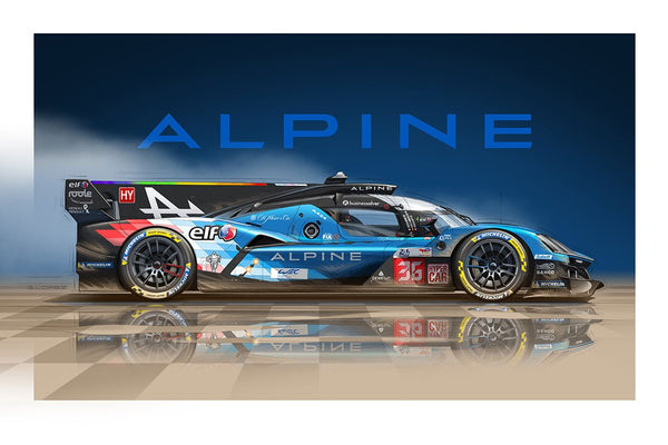 Dessin ALPINE A424 Le Mans Hypercar Fond Bleu Ecriture - Guillaume Lopez - Illustrateur automobile et sports mécaniques