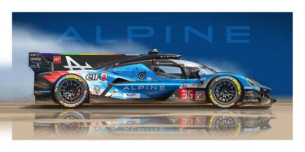 Dessin ALPINE A424 Le Mans Hypercar Fond Bleu Ecriture - Guillaume Lopez - Illustrateur automobile et sports mécaniques