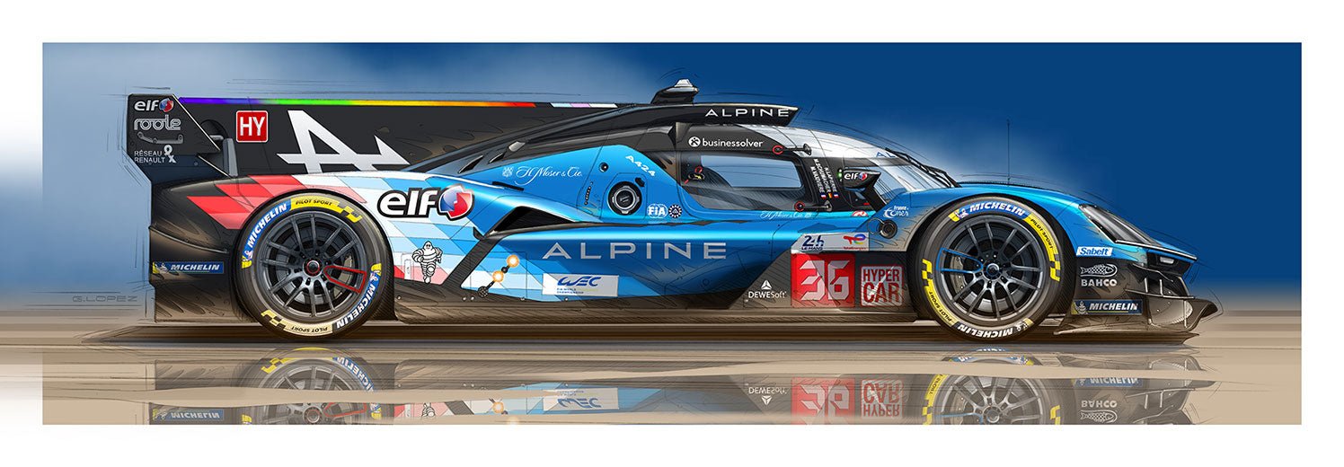 Dessin ALPINE A424 Le Mans Hypercar Fond Bleu - Guillaume Lopez - Illustrateur automobile et sports mécaniques