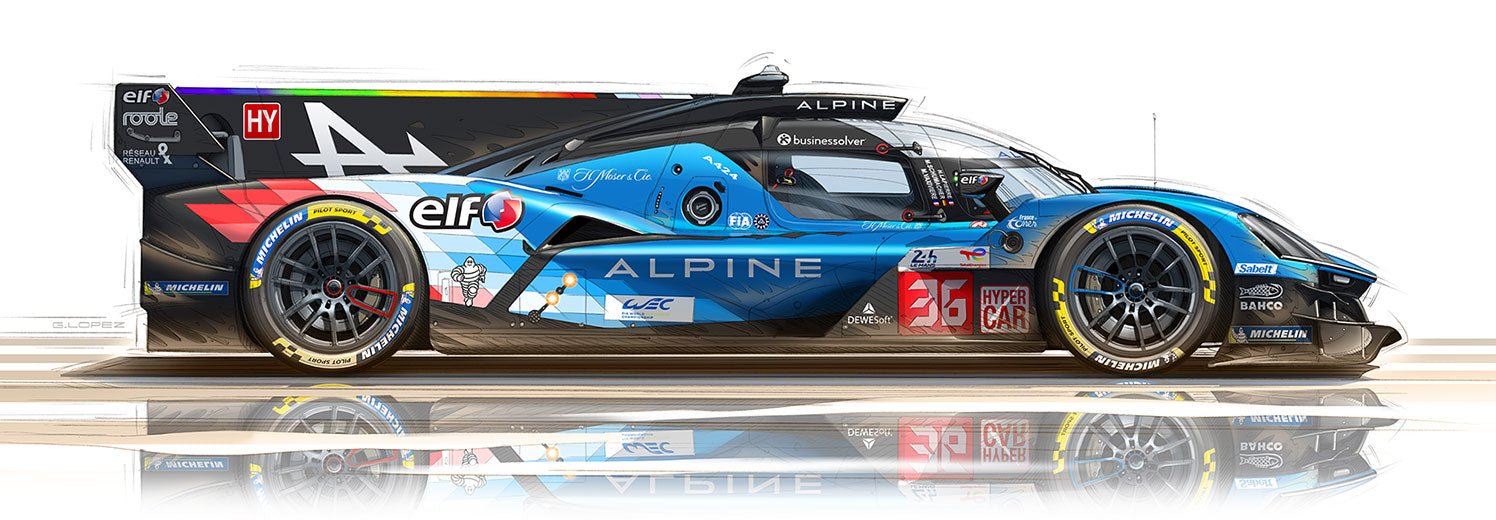 Dessin ALPINE A424 Le Mans Hypercar - Guillaume Lopez - Illustrateur automobile et sports mécaniques