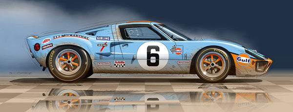 Dessin FORD GT40 Le Mans Fond Bleu - Guillaume Lopez - Illustrateur automobile et sports mécaniques