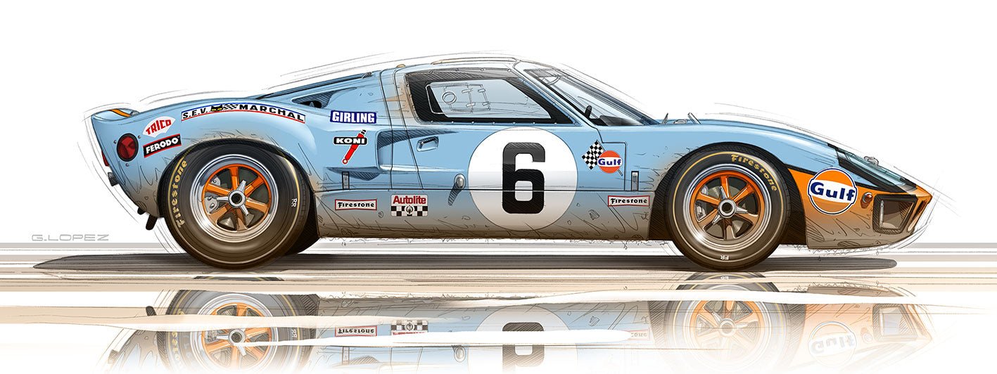 Dessin FORD GT40 Le Mans - Guillaume Lopez - Illustrateur automobile et sports mécaniques