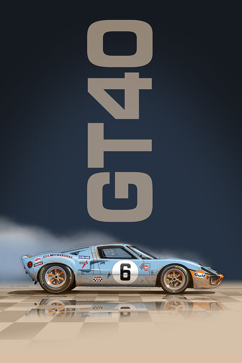 Dessin FORD GT40 Le Mans Vertical - Guillaume Lopez - Illustrateur automobile et sports mécaniques