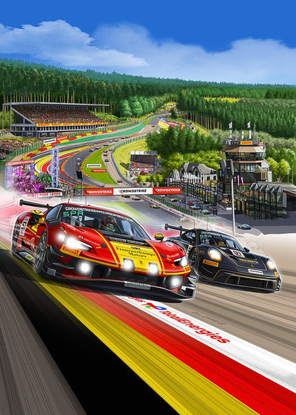 Puzzle Affiche Vierge FERRARI - PORSCHE 24 HEURES DE SPA 2025 Raidillon - Guillaume Lopez - Illustrateur automobile et sports mécaniques