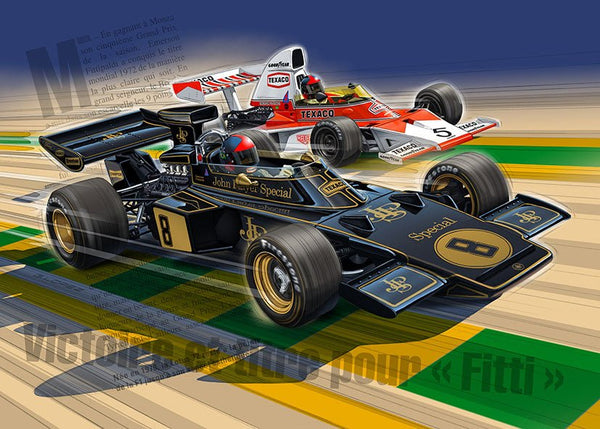 Puzzle Dessin Emerson FITTIPALDI - Lotus 72D - McLaren M23 - BRAZIL - Guillaume Lopez - Illustrateur automobile et sports mécaniques