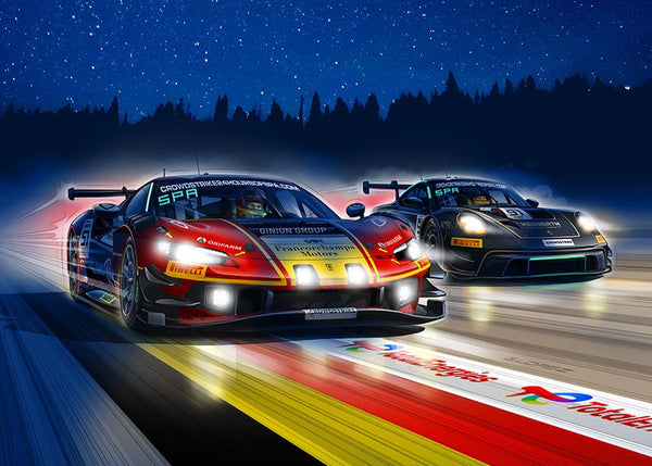 Puzzle FERRARI - PORSCHE 24 HEURES DE SPA 2025 Nuit - Guillaume Lopez - Illustrateur automobile et sports mécaniques