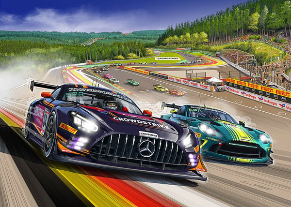 Puzzle MERCEDES - ASTON MARTIN 24 HEURES DE SPA 2025 Chicane - Ligne de Départ - Guillaume Lopez - Illustrateur automobile et sports mécaniques