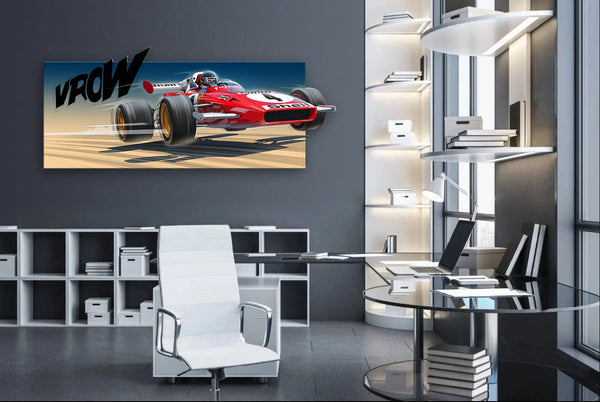 Peinture FERRARI 312 B2 rouge Jacky ICKX exposée dans bureau Design