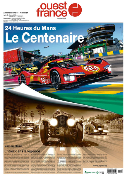 Journal Ouest France 10 juin 2023 - Guillaume Lopez - Ferrari 499P + voiture ancienne - Centenaire 24 heures du Mans - Illustration couleur de jour 