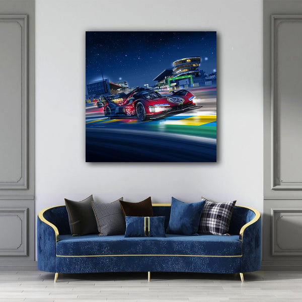 Peinture FERRARI 499P - Centenaire 24h du Mans -  Illustration de nuit exposée au dessus d'un canapé