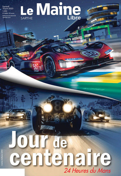 Journal Le Maine  10 juin 2023 - Guillaume Lopez - Ferrari 499P + voiture ancienne - Centenaire 24 heures du Mans - Illustration couleur de nuit