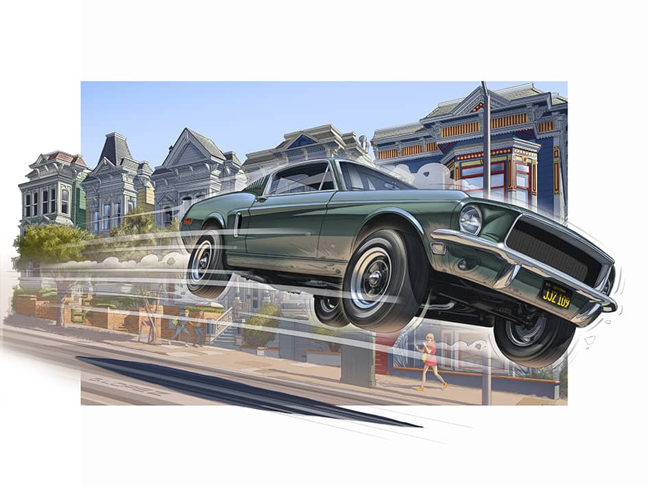 FORD Mustang "Bullitt" San Francisco - Guillaume Lopez - Illustrateur automobile et sports mécaniques