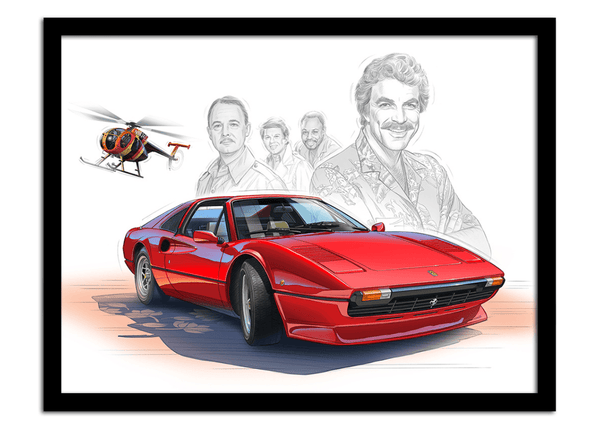 Peinture Ferrari 308 rouge + hélicoptère - Magnum SERIE TV - dessin crayon Tom Selleck - format horizontale