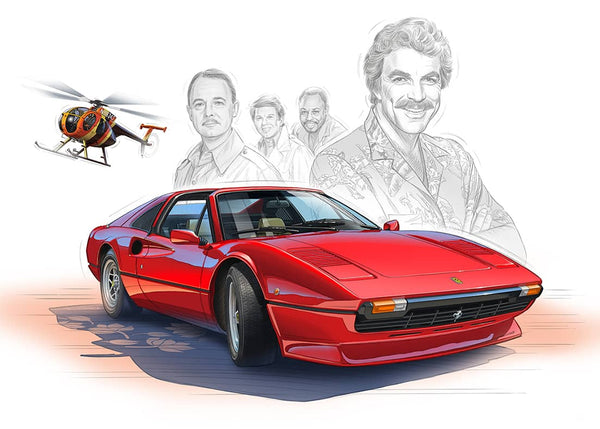 Peinture Ferrari 308 rouge + hélicoptère - Magnum SERIE TV - dessin crayon Tom Selleck - format horizontale