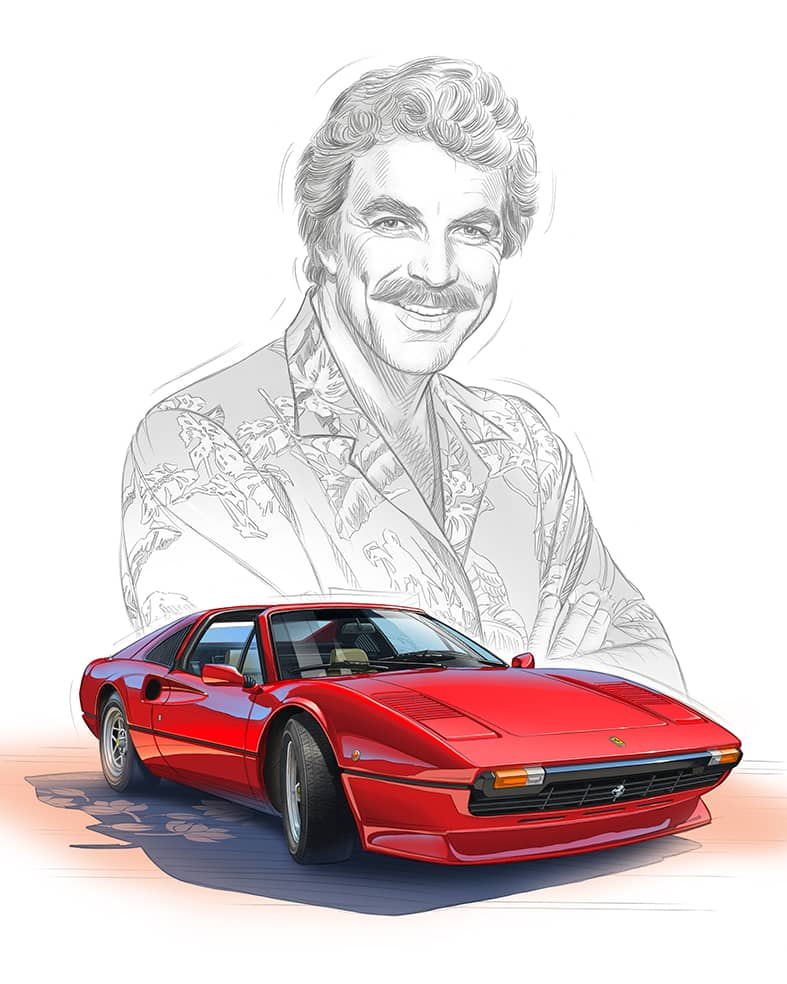 Peinture Ferrari 308 rouge MAGNUM SERIE TV - dessin crayon Tom Selleck - format vertical