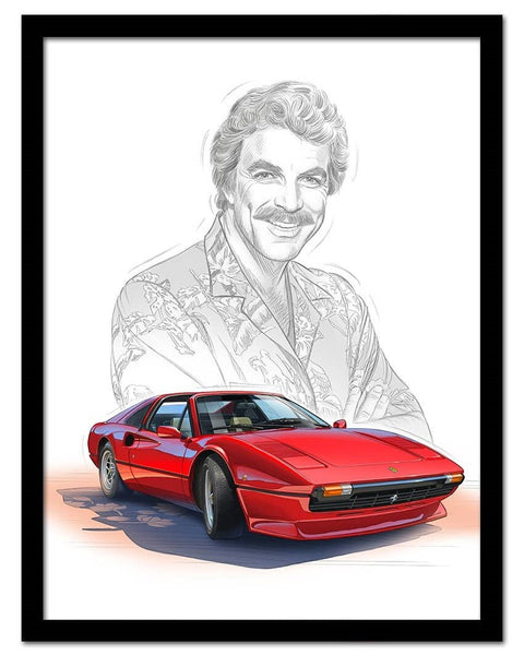 Peinture Ferrari 308 rouge Magnum SERIE TV - dessin crayon Tom Selleck - format vertical