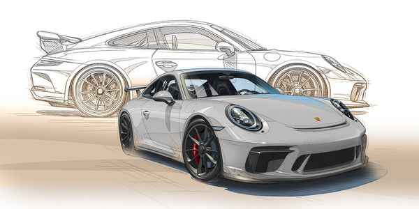 Peinture PORSCHE 991 GT3 RS gris clair et dessin au crayon en fond - Pinter Guillaume Lopez 