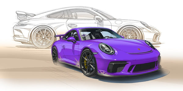 Peinture PORSCHE 991 GT3 RS violet avec dessin au crayon en fond - Pinter Guillaume Lopez 