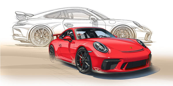 Peinture PORSCHE 991 GT3 RS rouge et dessin au crayon en fond - Pinter Guillaume Lopez 