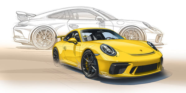 Peinture PORSCHE 991 GT3 RS jaune et dessin au crayon en fond - Pinter Guillaume Lopez 