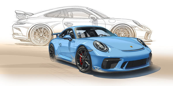 Peinture PORSCHE 991 GT3 RS bleue et dessin avec crayon en fond - Pinter Guillaume Lopez 