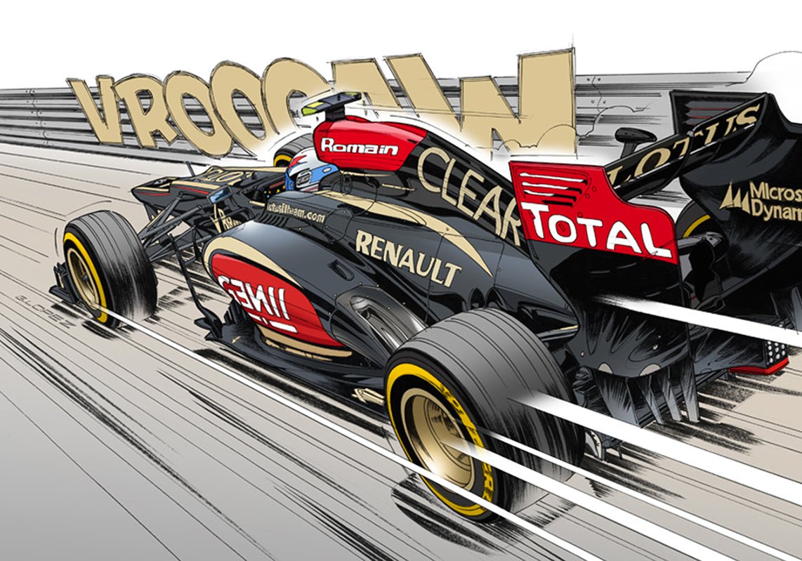 Color illustration Romain GROSJEAN Lotus F1 2013 - Automotive pinter Guillaume Lopez 