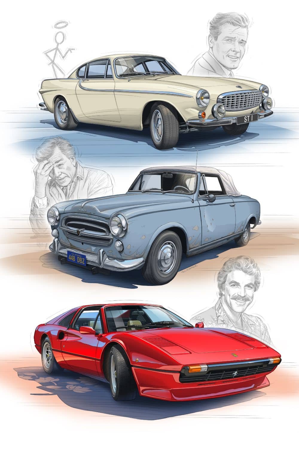 Peinture SÉRIES TV Années 70-80 - Magnum Ferrari rouge - Colombo Peugeot 403 - Le Saint Volvo p1800